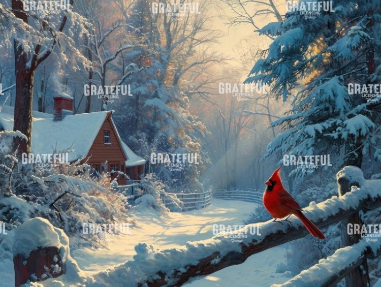 Snowy Cabin with Cardinal
