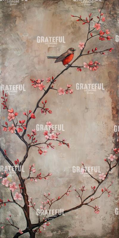Cherry Blossom Birds Beige Red 2