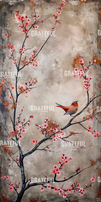 Cherry Blossom Birds Beige Red 1