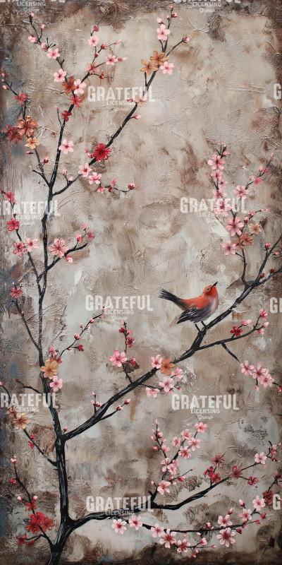 Cherry Blossom Birds Beige Red 5