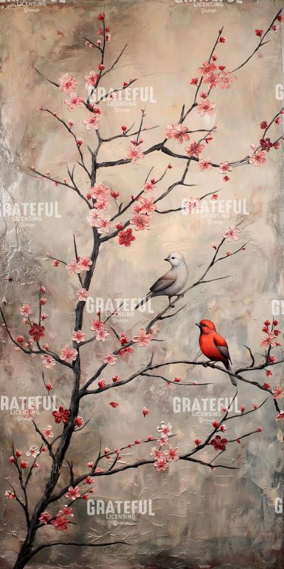Cherry Blossom Birds Beige Red 4