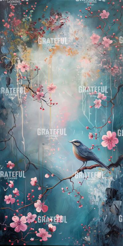 Cherry Blossom Birds on Blue 2