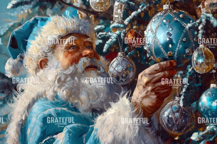 Santa with Christmas Tree Decorations in Blue