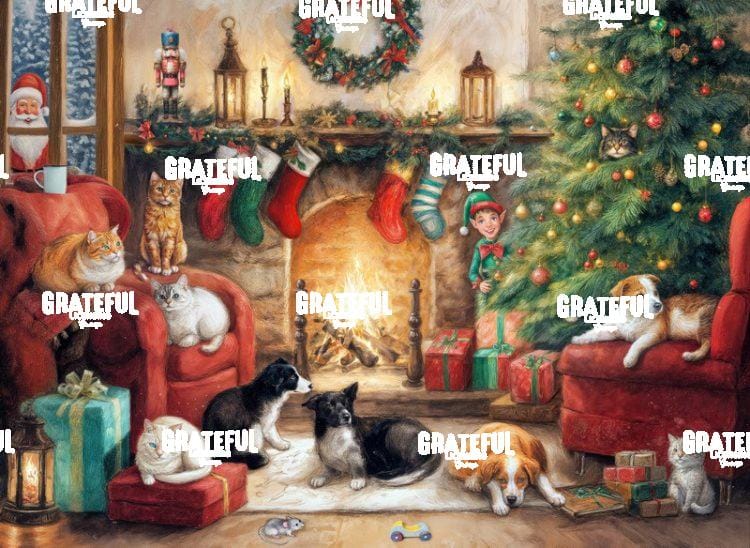 Christmas Time, Cats and Dogs by the Cozy Fireplace