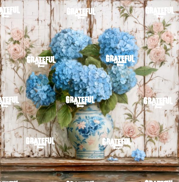 Blue Hydrangeas on a Shelf with Painted Rose Wall