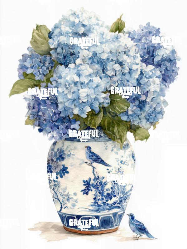 Blue Hydrangeas in a Chinoiserie Vase with a Bird 2