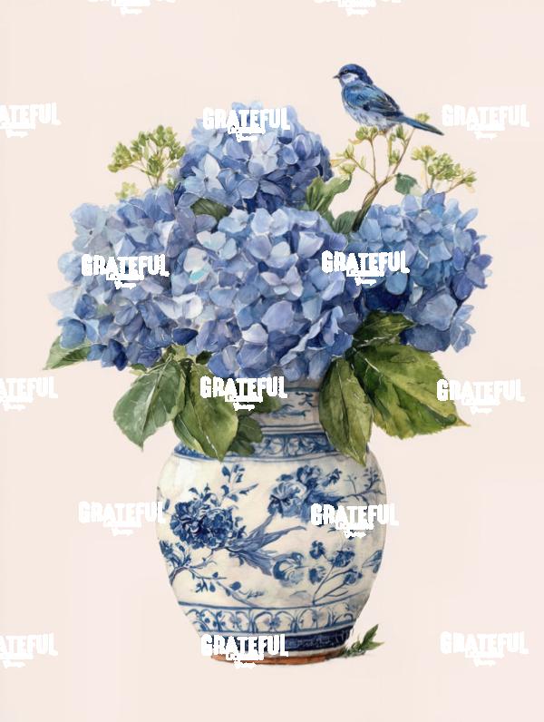 Blue Hydrangeas in a Chinoiserie Vase with a Bird 1