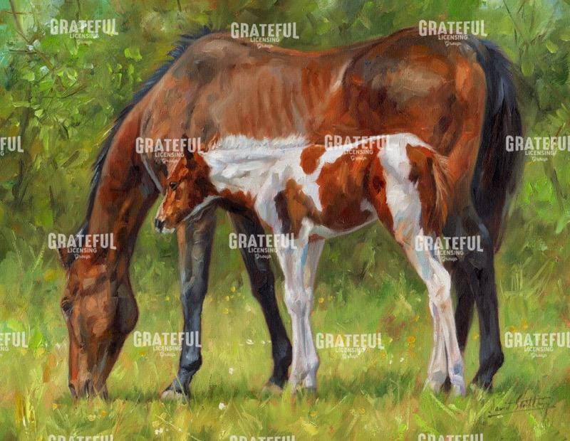 horse and foal grazing
