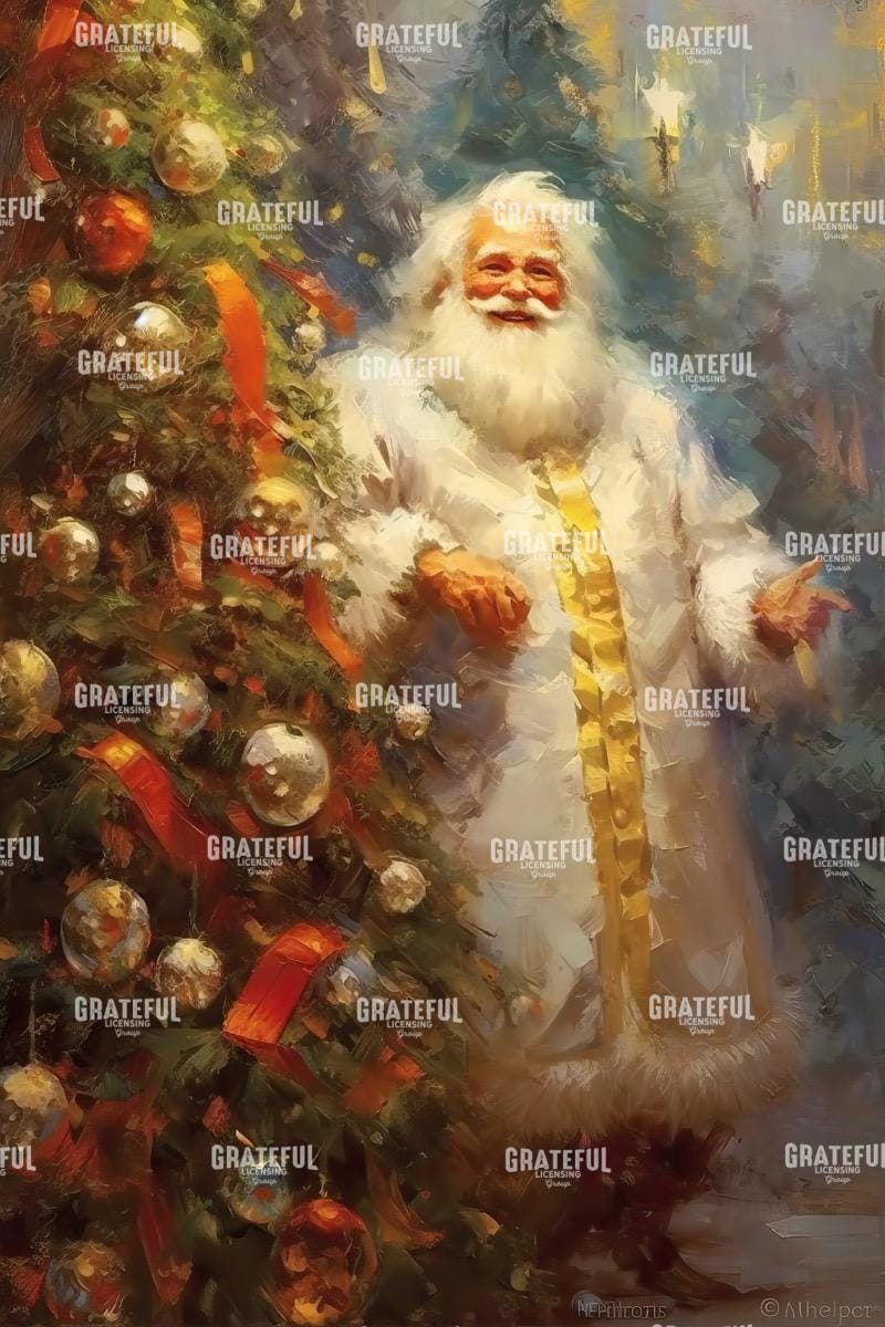 White Suit Santa by a Decorated Tree