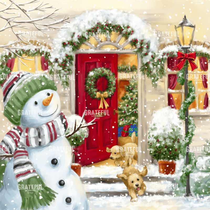 Red door, snowman and dogs