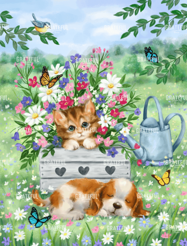 Puppy and Kitten in Garden