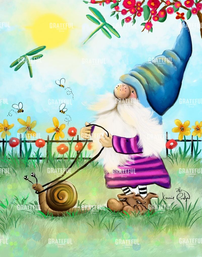 Gnome walking Snail In Garden