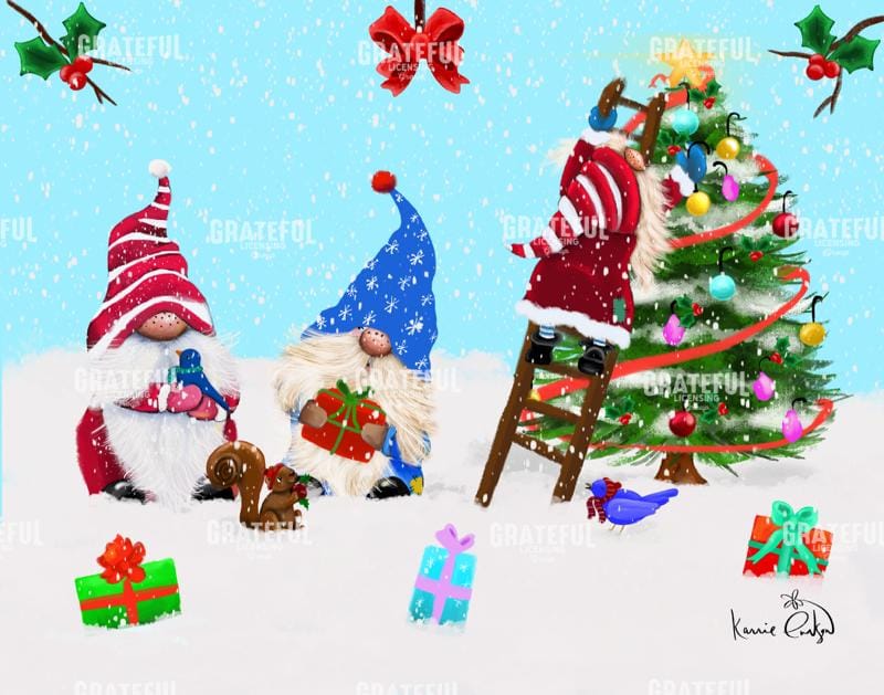 Christmas gnomes decorate the tree