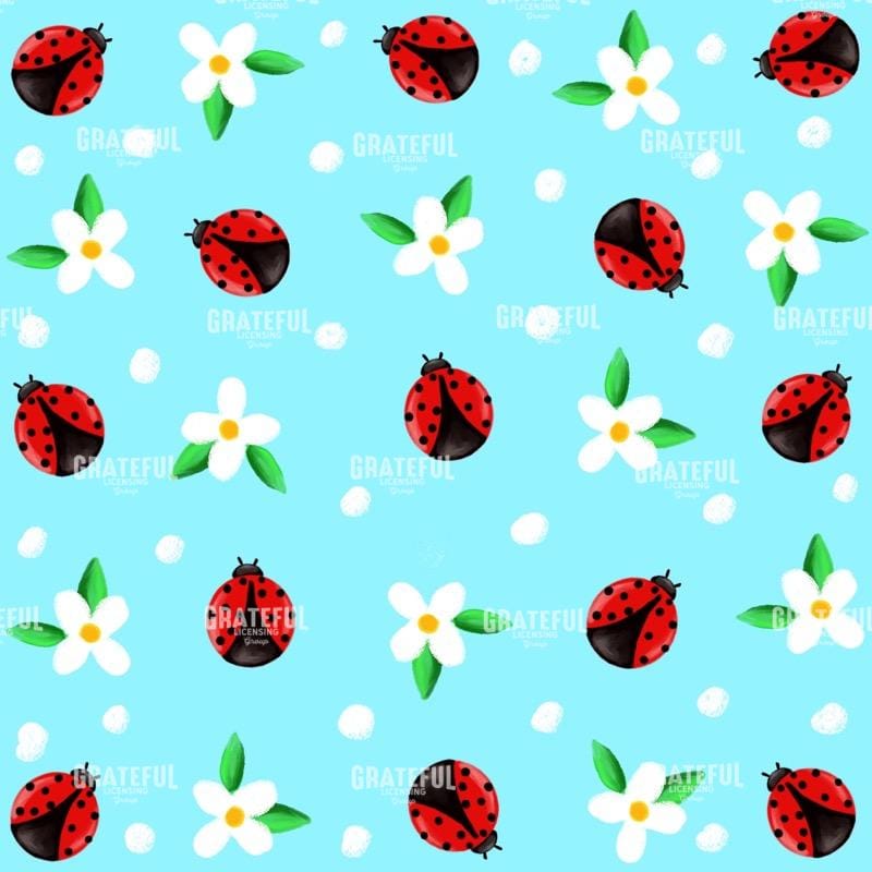 Lady_Bugs_And_Flowers_On_Blue