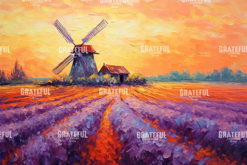 Daybreak over Windmill in a Lavender Field