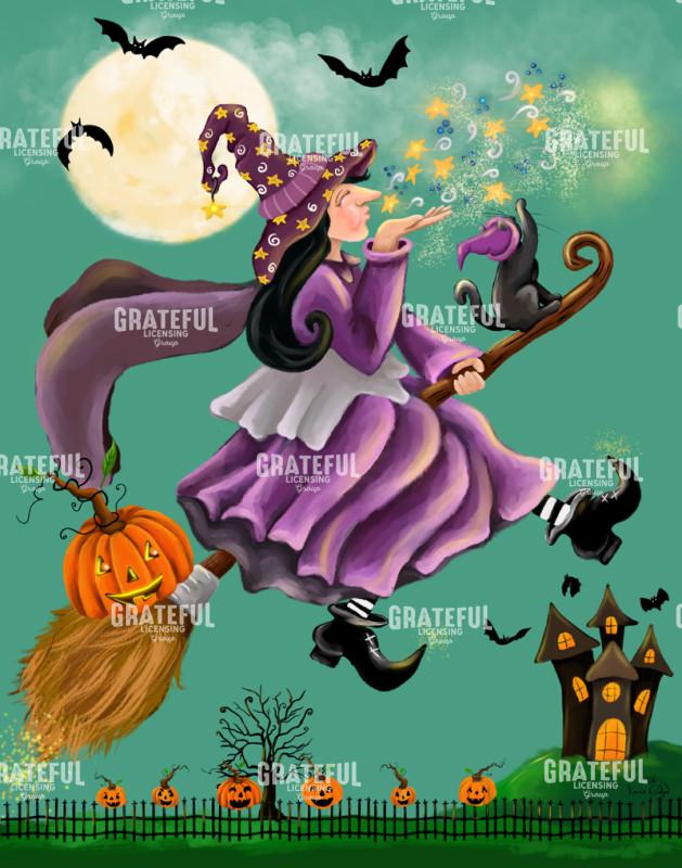 Witch on Broom - Green