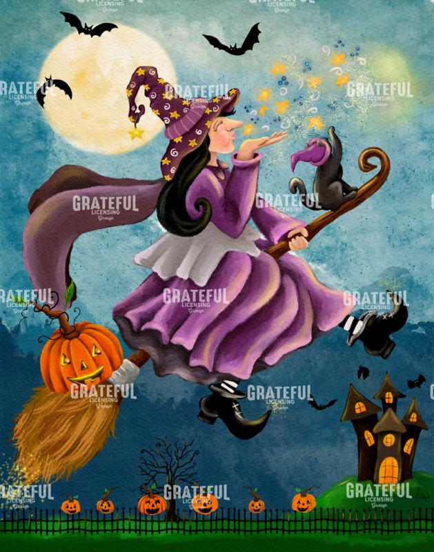 Witch on Broom - Watercolor