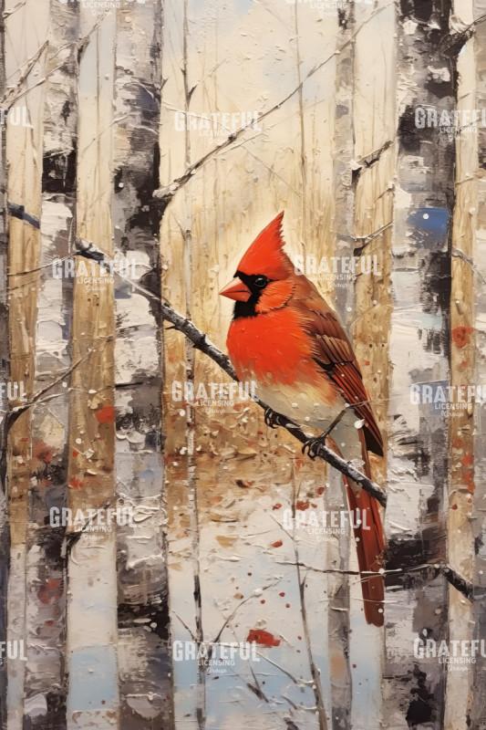 Winter Cardinal Perched on Birch