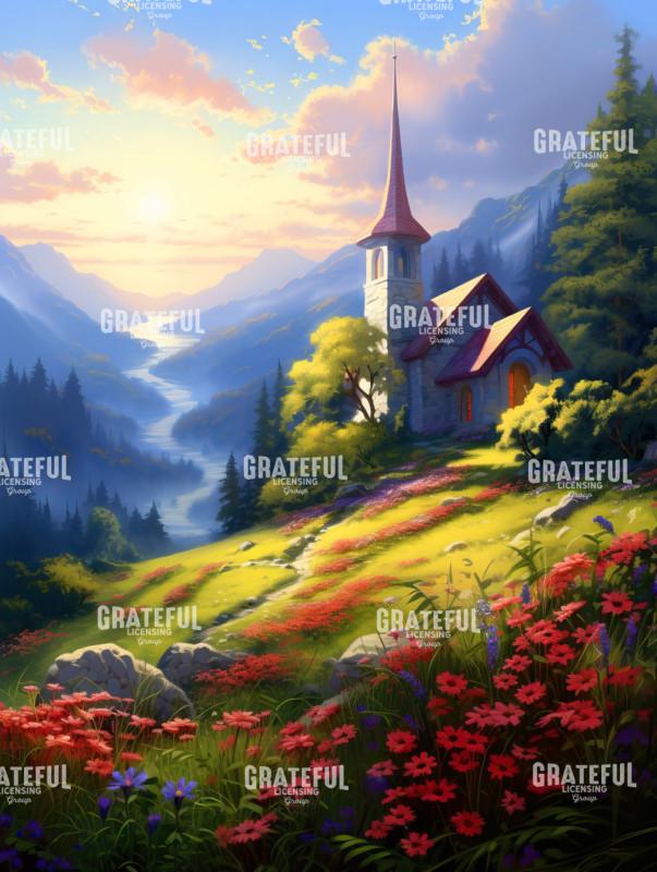 Church among the fields of flowers