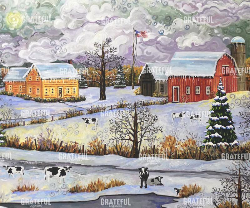 Landscape Farm In The Snow With Cows