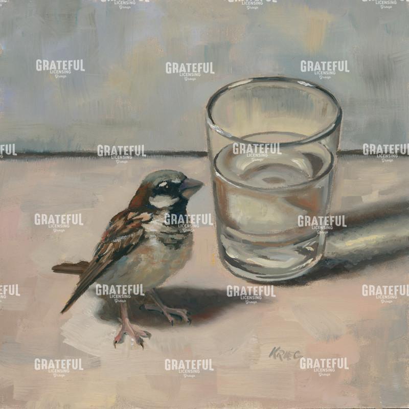 Sparrow With Glass of Water