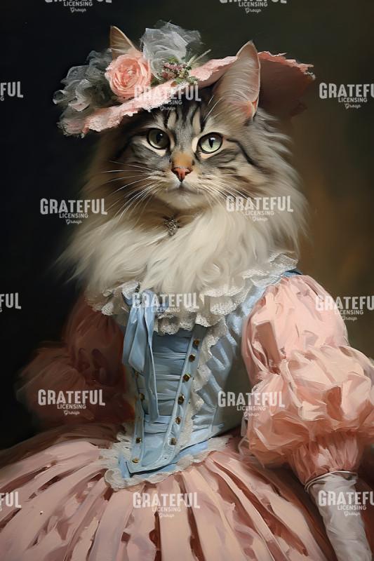 Maine Coon cat in a pink dress
