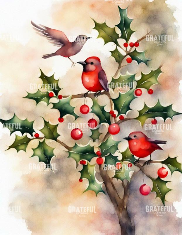 Watercolor Holly Birds 03