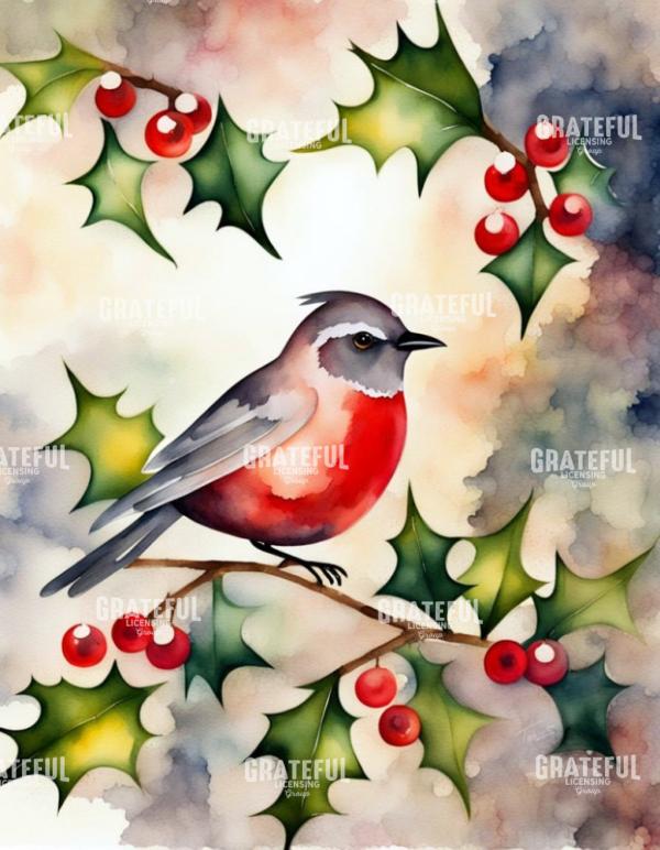 Watercolor Holly Birds 04