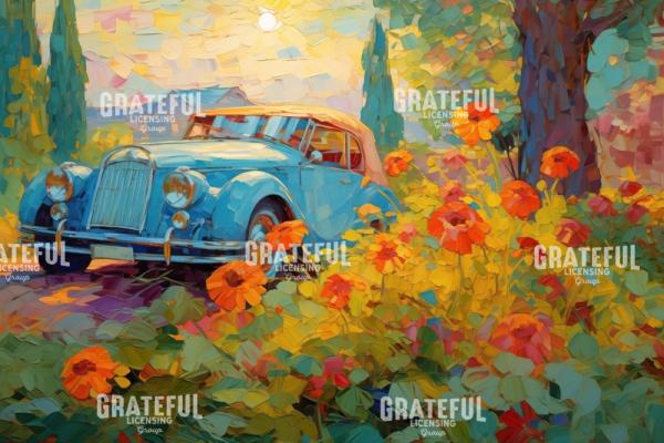 Classic Blue Car with Poppies