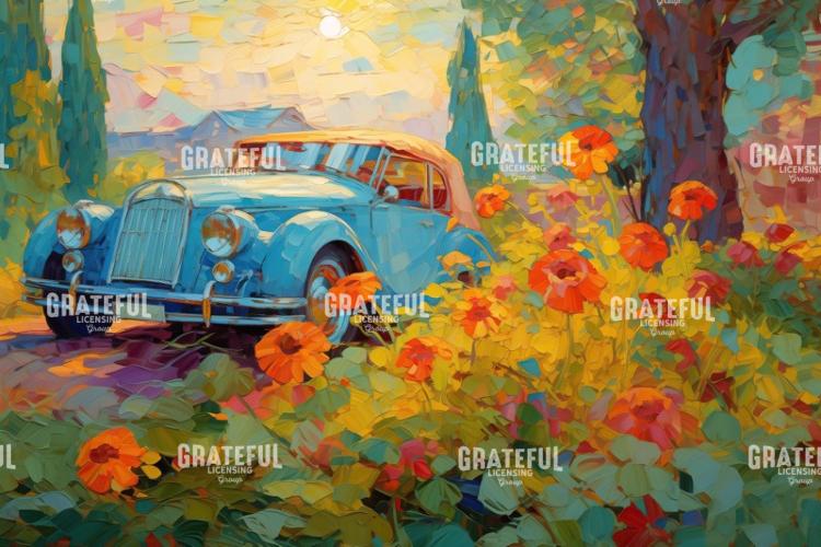 Classic Blue Car with Poppies