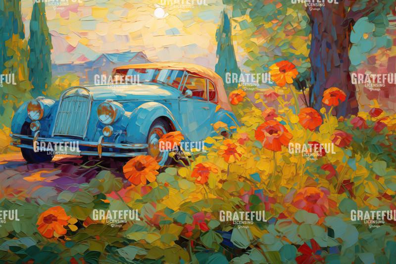Classic Blue Car with Poppies