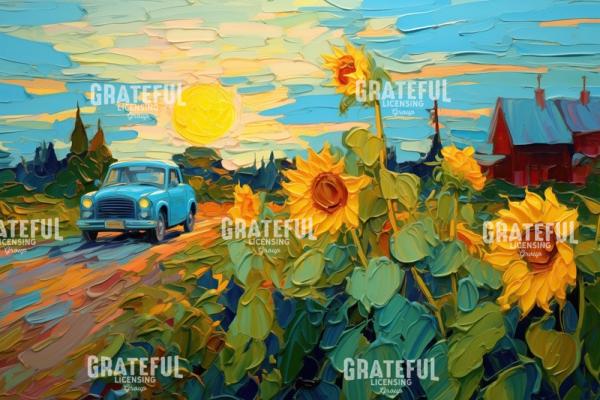 Classic Blue Car and Sunflowers