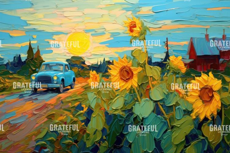 Classic Blue Car and Sunflowers