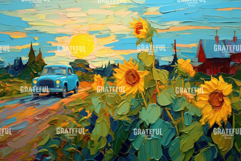 Classic Blue Car and Sunflowers