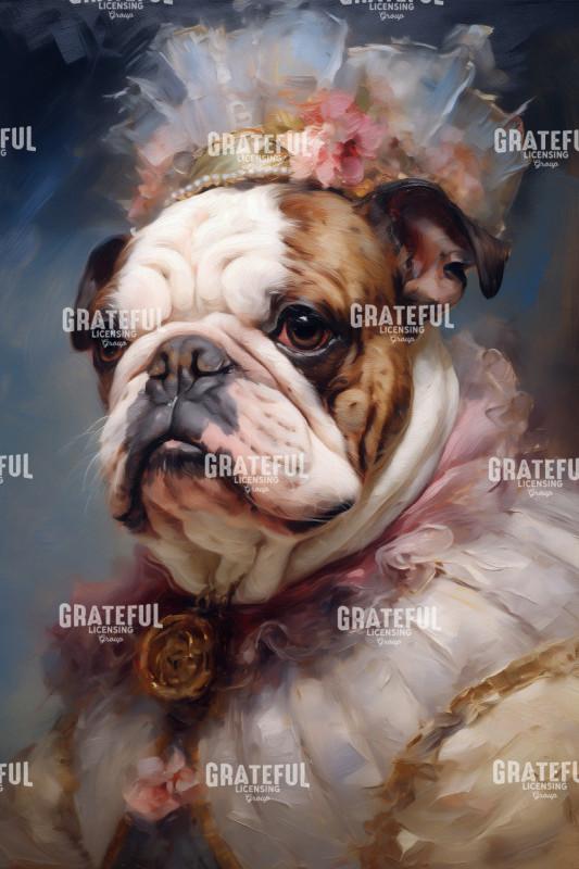 Victorian Pets, Bulldog in a Beige Dress with Flowers