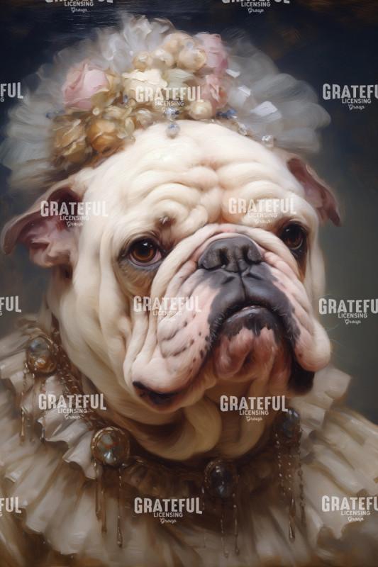 Victorian Pets, Bulldog in a Beige Dress with Jewels