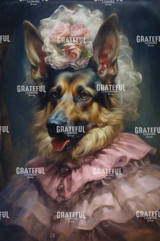 Victorian Pets, German Shepherd in a Pink Dress