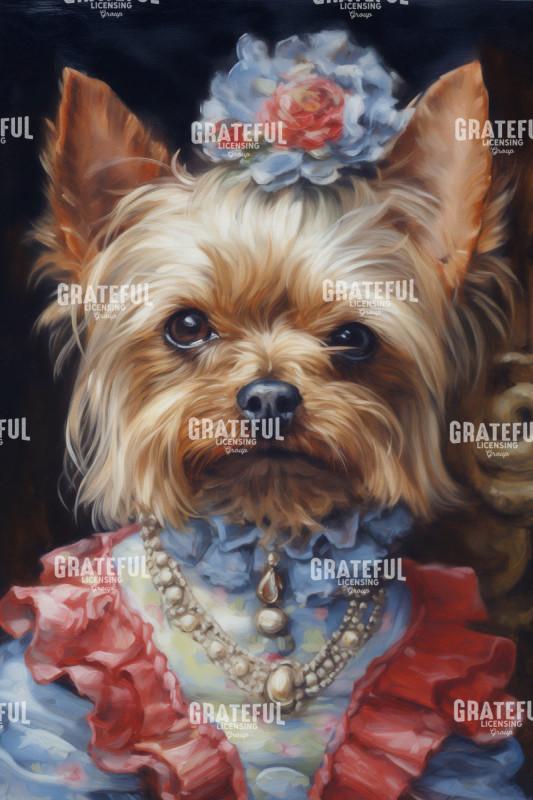 Victorian Pets, Yorkshire Terrier in a Red and Blue Dress