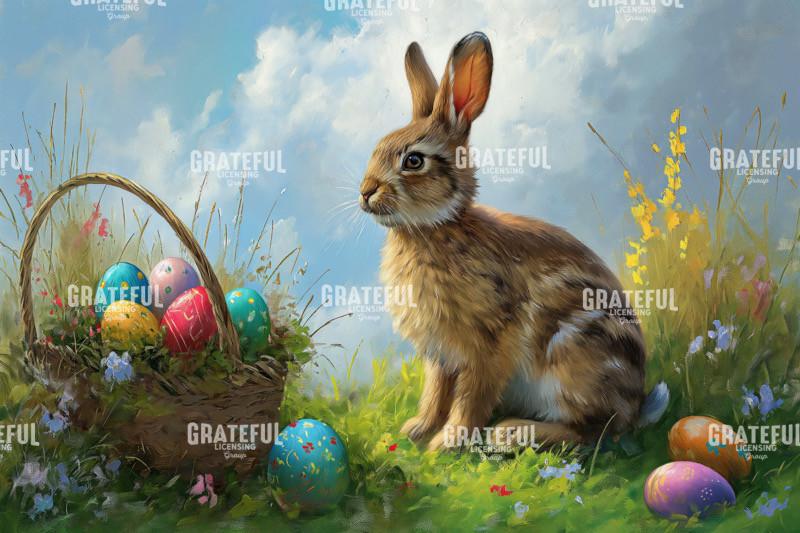 Painted Brown Bunny and Easter Basket with Eggs HD.jpg