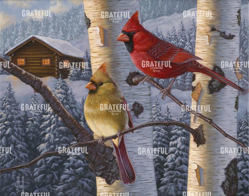 Winter Cabin Cardinals