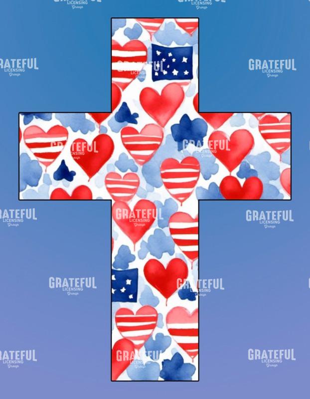 Patriotic Watercolor Hearts Cross