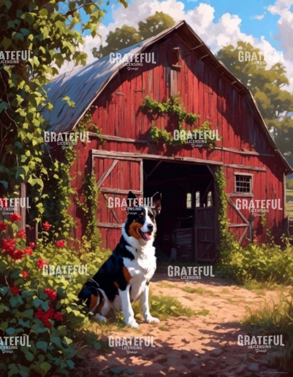 Summer Border Collie and Barn