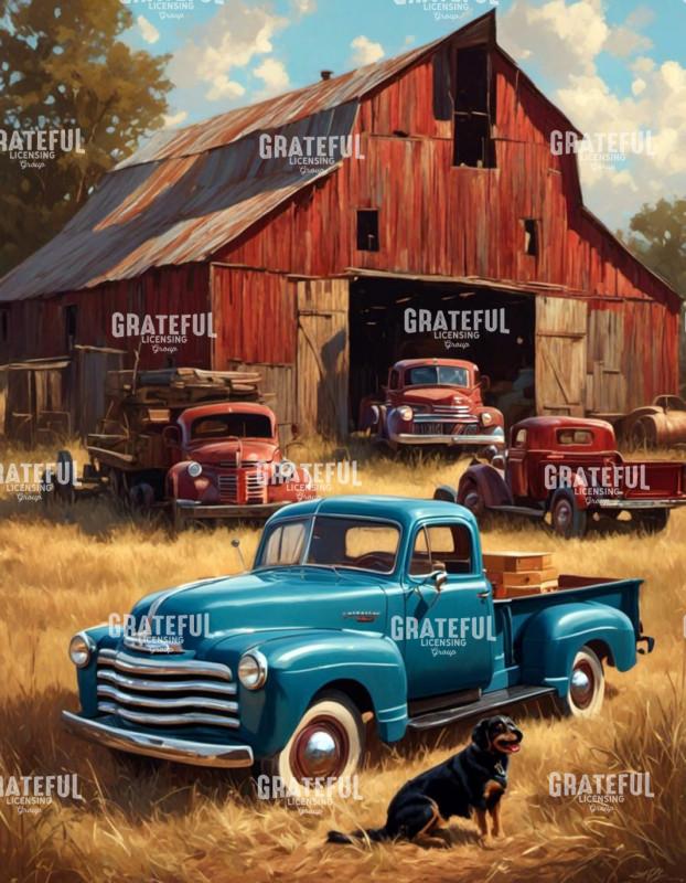 Vintage Trucks with Dog and Barn