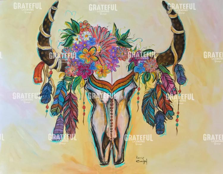 Skull with Flowers and Feathers