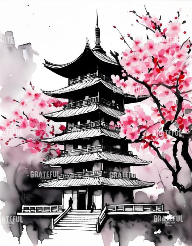Cherry Blossom Pagoda Watercolor