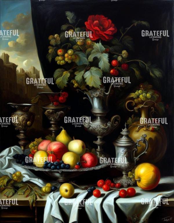 Bowl of Fruit with Pewter Cups