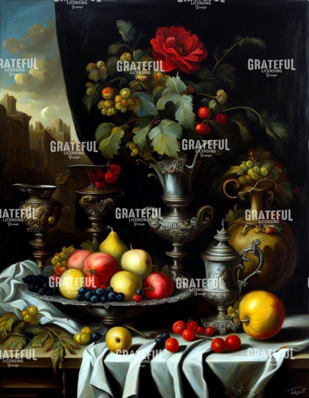 Bowl of Fruit with Pewter Cups