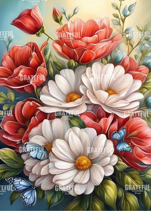 Blue Butterflies and Poppies