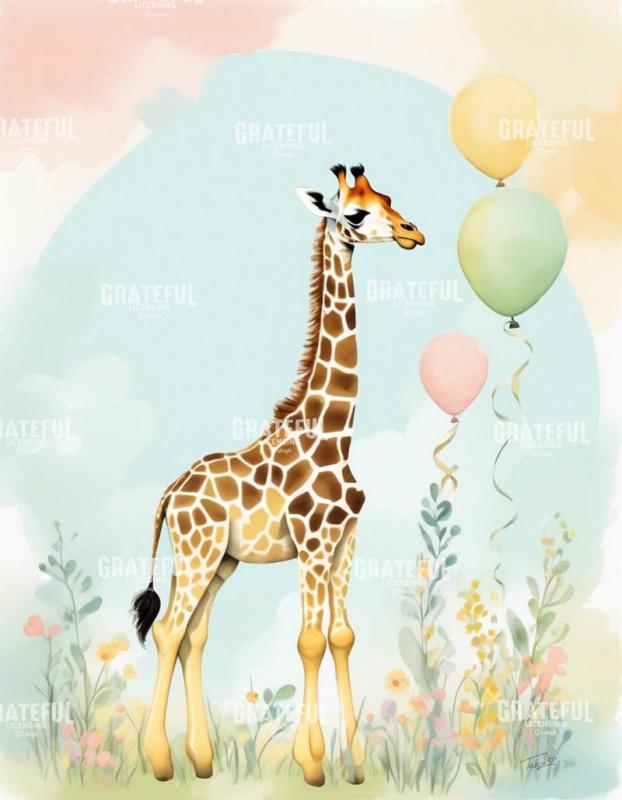 Watercolor Giraffe with Balloons