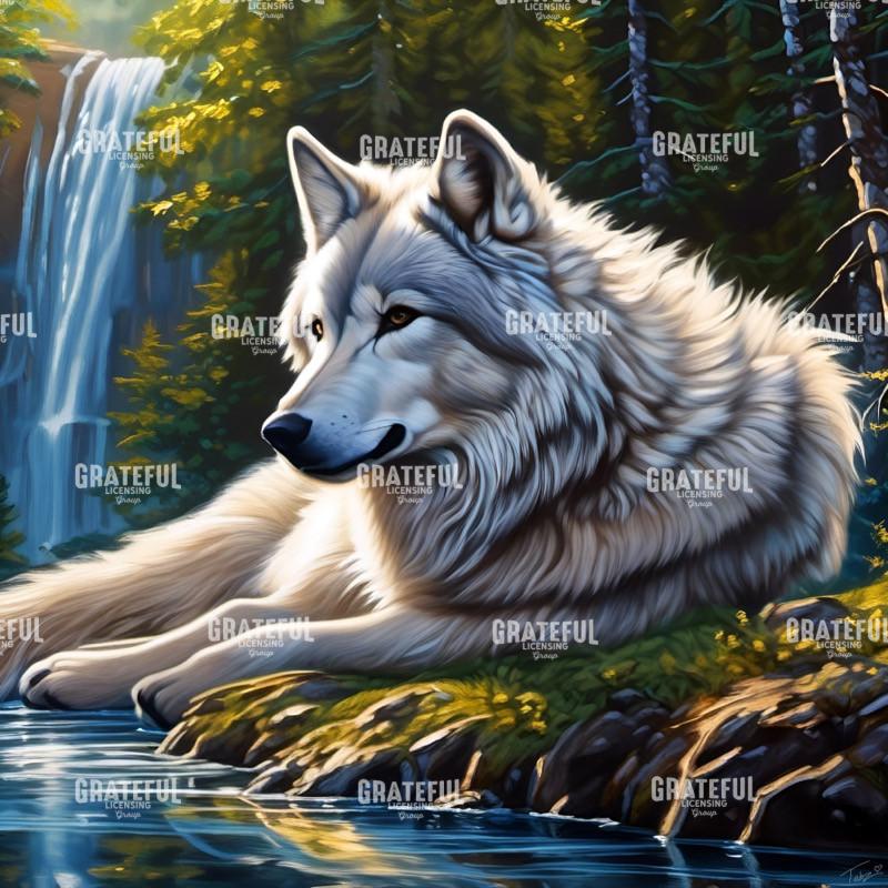 Peaceful Wolf at River - Grateful Art Licensing
